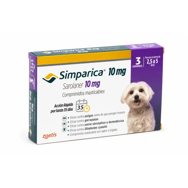 Zoetis Simparica Sarolaner 10 mg Perros 2,5 a 5 kg 3 Comprimidos